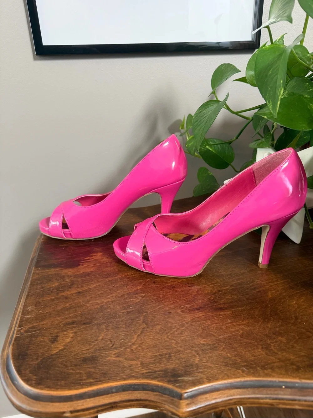 Madden Girl Hot Pink Patent Peep-Toe Heels. Size 8